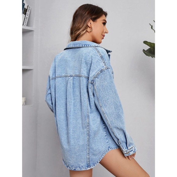 Oversized boho Flap Pocket Denim jean Jacket light wash blue round hem - Picture 2 of 5
